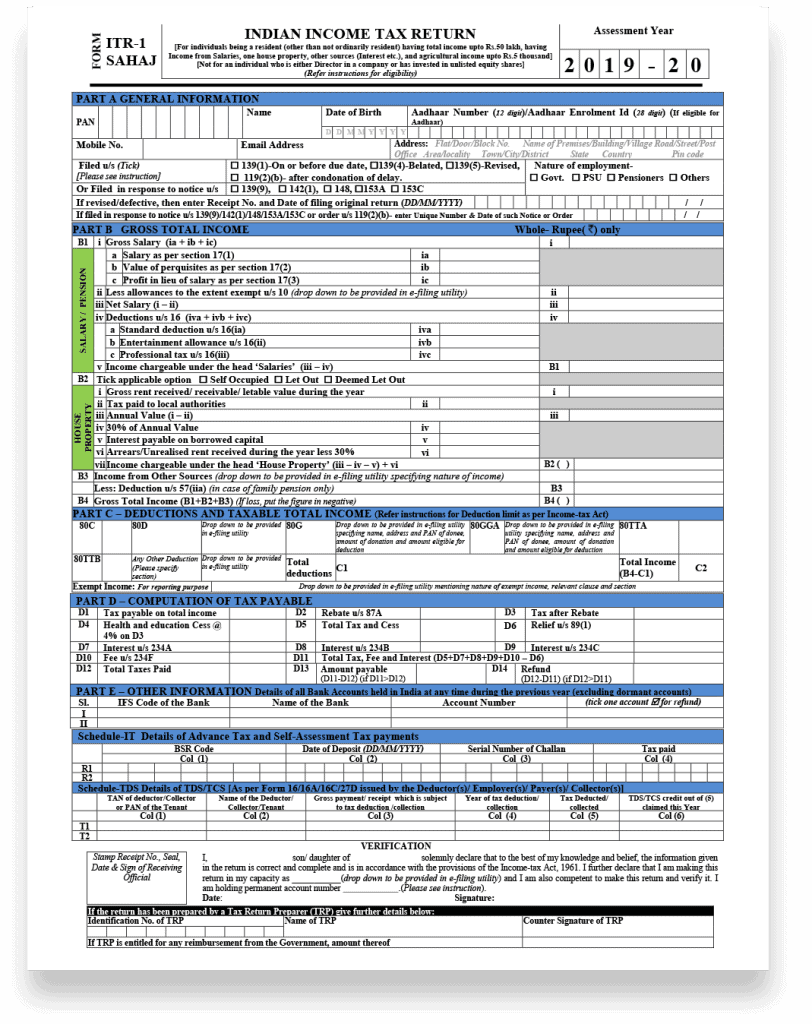 ITR-1 Format Income Tax Filing Services in India